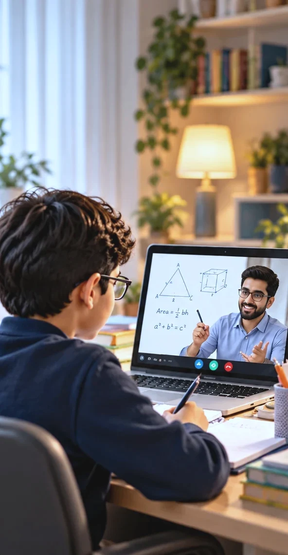 A student in a live online 1-on-1 class, his tutor explaining on the laptop screen