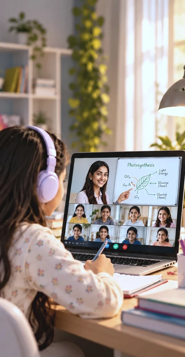 A student in a live online group class, the teacher and classmates on the laptop screen