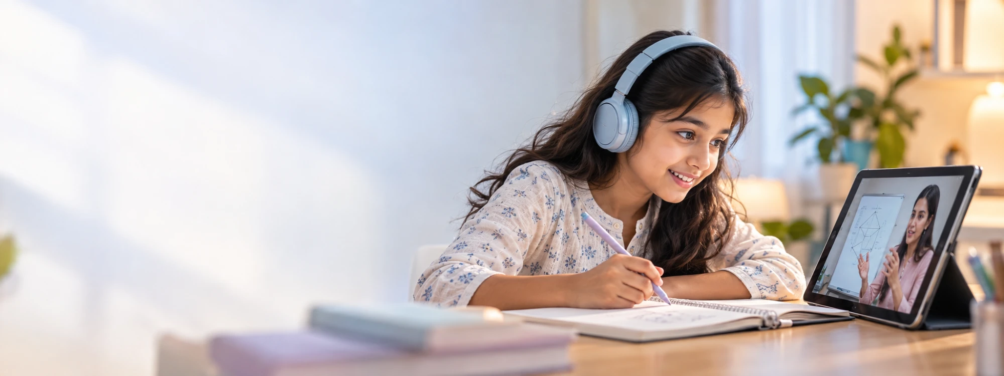 A smiling girl with headphones taking notes in a live online class, her teacher explaining a diagram on the tablet beside her